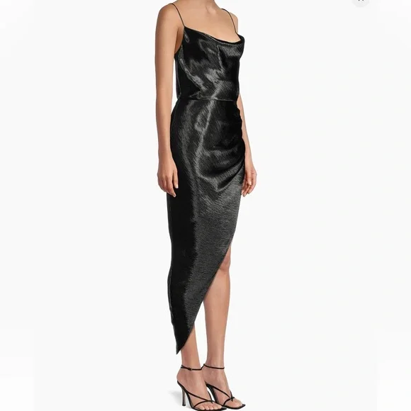 Aiifos Martha Satin Asymmetrical Midi Dress M black metallic - Picture 3 of 11